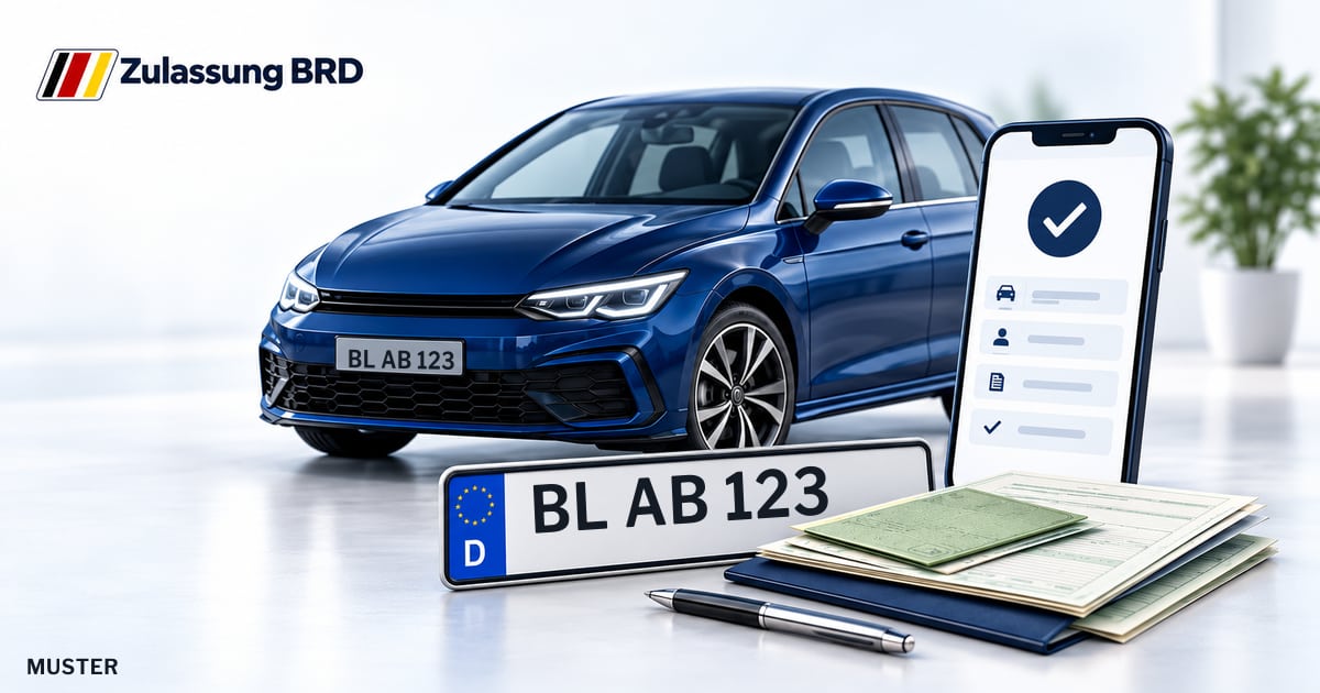 Online Fahrzeugzulassung in Burladingen: Musterkennzeichen BL AB 123, Auto und Fahrzeugpapiere und Smartphone. Illustration mit Logo von Zulassung BRD.